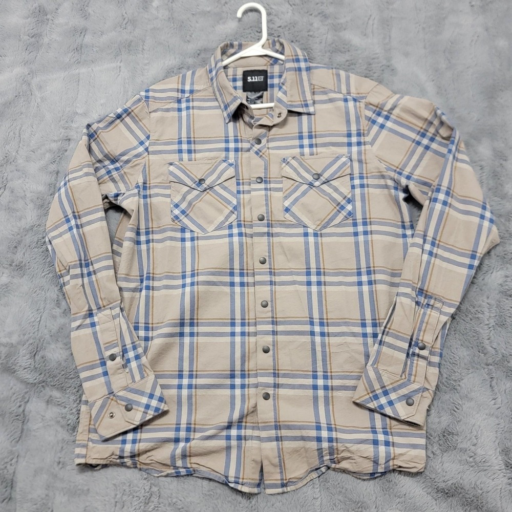5.11 Tactical Shirt Mens Medium Beige Blue Plaid Snap Button Cotton Long Sleeve